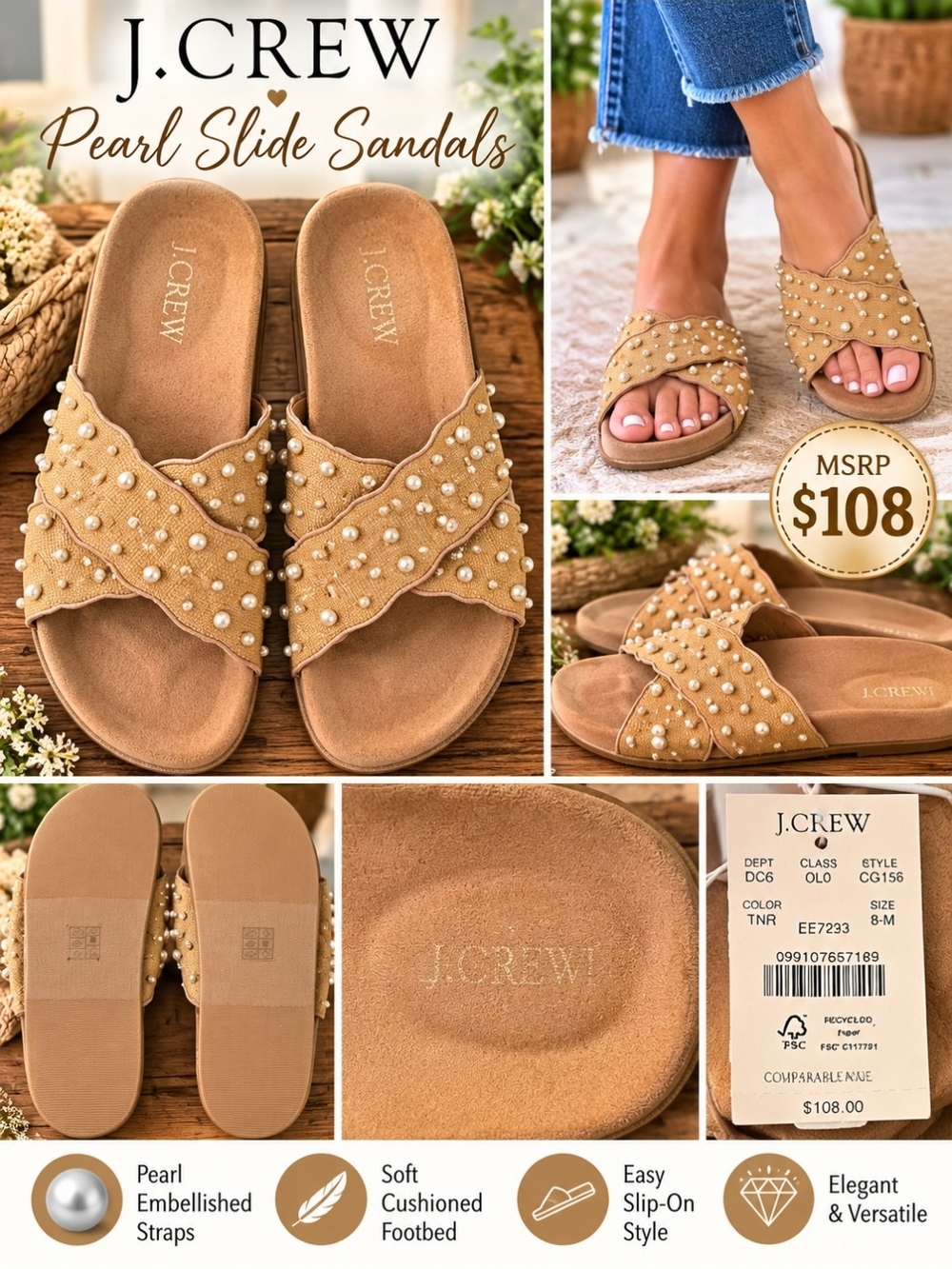 J. Crew Tan Pearl-Embellished Slide Sandals